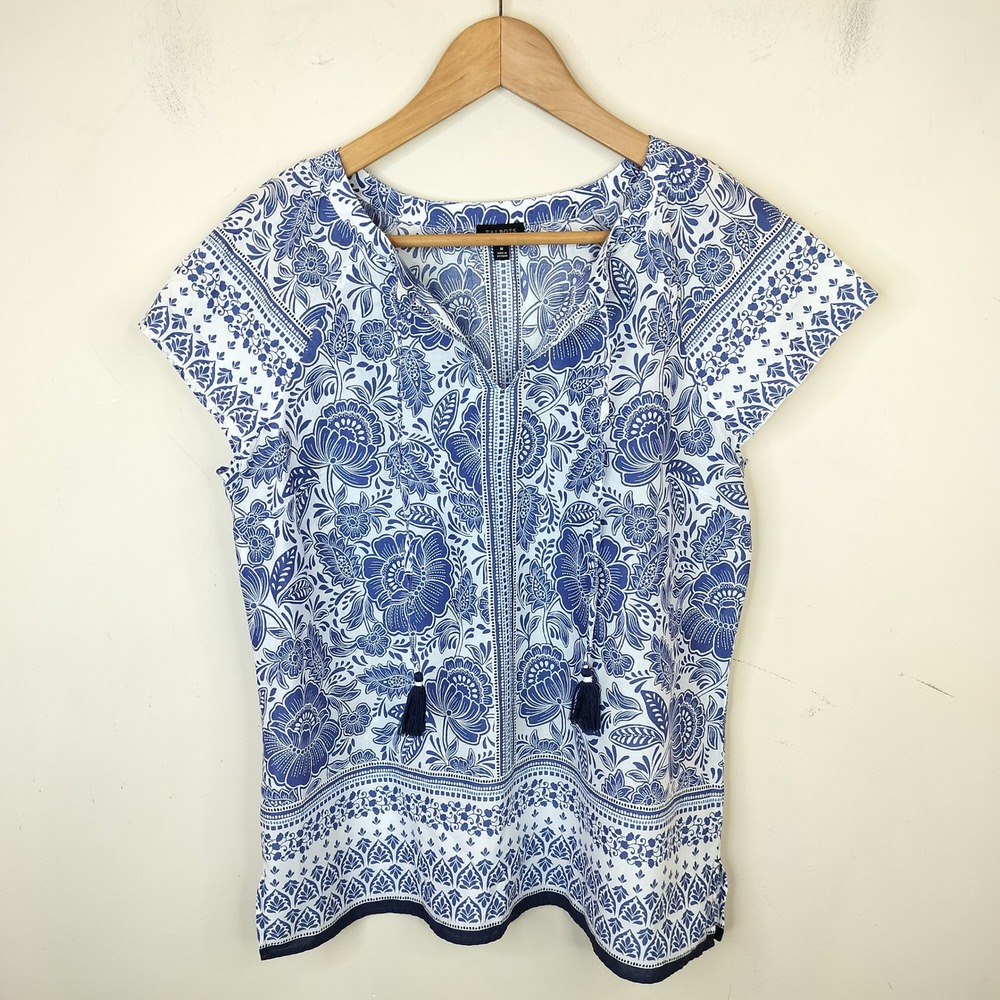 Talbots Floral Cotton Blouse Medium Floral Short Sleeve Tassel Blue White